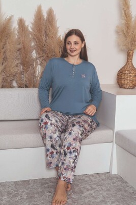 Büyük Beden Bayan Pijama Takımı - İndigo Mor Çiçek Desen Uzun Kol Likralı Penye 2859UYB - 3