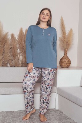 Büyük Beden Bayan Pijama Takımı - İndigo Mor Çiçek Desen Uzun Kol Likralı Viskon 2859UYB - 2