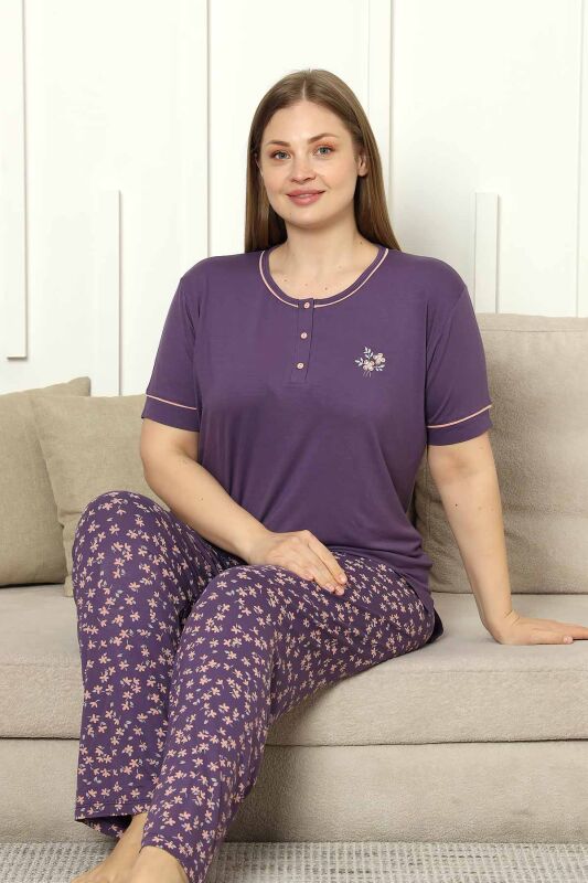 Büyük Beden Bayan Pijama Takımı - Mor Çiçek Desen Kısa Kol Likralı Viskon 2853KYB - 2