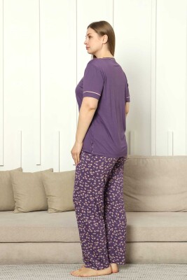Büyük Beden Bayan Pijama Takımı - Mor Çiçek Desen Kısa Kol Likralı Viskon 2853KYB - 3