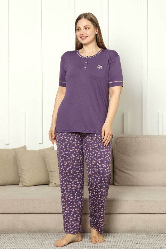 Büyük Beden Bayan Pijama Takımı - Mor Çiçek Desen Kısa Kol Likralı Viskon 2853KYB - 4