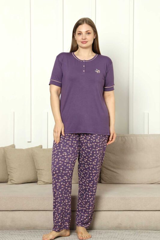 Büyük Beden Bayan Pijama Takımı - Mor Çiçek Desen Kısa Kol Likralı Viskon 2853KYB - 1