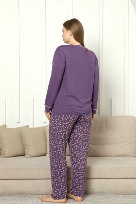Büyük Beden Bayan Pijama Takımı - Mor Çiçek Desen Uzun Kol Likralı Viskon 2853UYB - 5