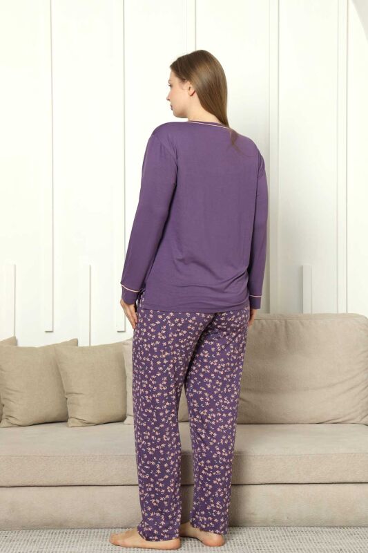 Büyük Beden Bayan Pijama Takımı - Mor Çiçek Desen Uzun Kol Likralı Viskon 2853UYB - 5
