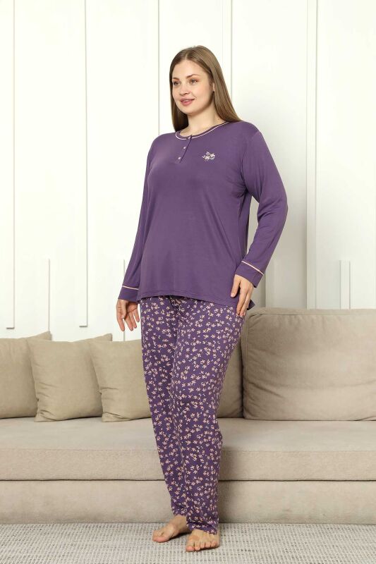 Büyük Beden Bayan Pijama Takımı - Mor Çiçek Desen Uzun Kol Likralı Viskon 2853UYB - 3