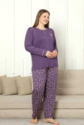 Büyük Beden Bayan Pijama Takımı - Mor Çiçek Desen Uzun Kol Likralı Viskon 2853UYB - 4