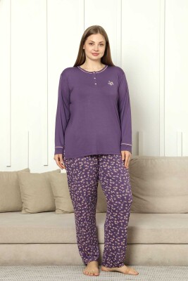 Büyük Beden Bayan Pijama Takımı - Mor Çiçek Desen Uzun Kol Likralı Viskon 2853UYB - Alimer