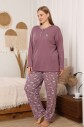Büyük Beden Bayan Pijama Takımı - Mürdüm Çiçek Desen Kışlık Şardonlu İnterlok 2879UKB - 2