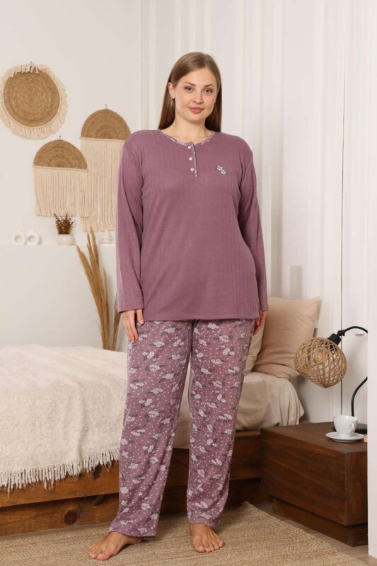 Büyük Beden Bayan Pijama Takımı - Mürdüm Çiçek Desen Kışlık Şardonlu İnterlok 2879UKB - 1