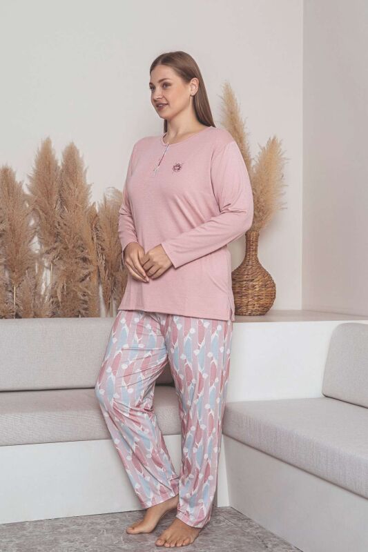 Büyük Beden Bayan Pijama Takımı - Pembe Çiçek Desen Uzun Kol Likralı Penye 2859UYB - 4