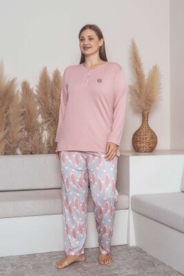 Büyük Beden Bayan Pijama Takımı - Pembe Çiçek Desen Uzun Kol Likralı Penye 2859UYB - 3
