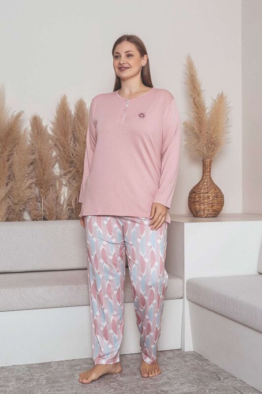 Büyük Beden Bayan Pijama Takımı - Pembe Çiçek Desen Uzun Kol Likralı Penye 2859UYB - 3