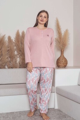 Büyük Beden Bayan Pijama Takımı - Pembe Çiçek Desen Uzun Kol Likralı Penye 2859UYB - Alimer