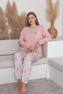 Büyük Beden Bayan Pijama Takımı - Pembe Çiçek Desen Uzun Kol Likralı Viskon 2859UYB - Alimer (1)