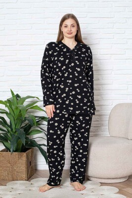 Bayan Büyük Beden Pijama Takımı - Siyah Papatya Desen Uzun Kol Likralı Viskon 2855UYB - 1