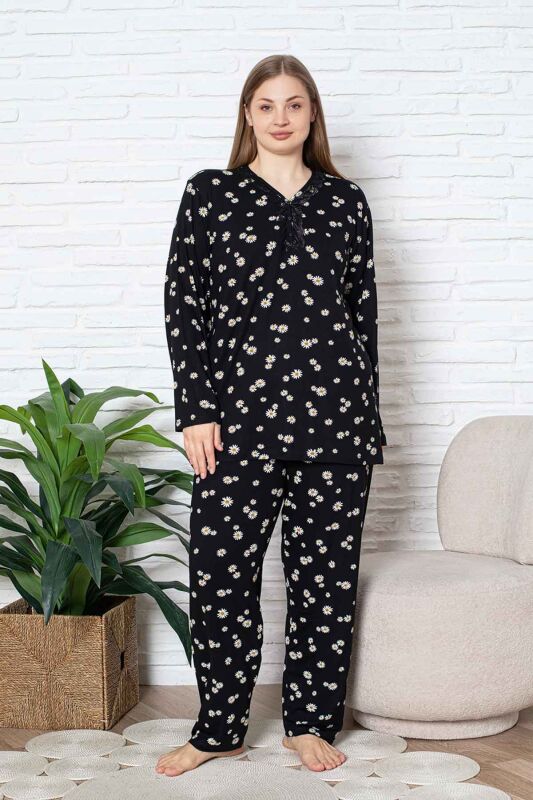 Bayan Büyük Beden Pijama Takımı - Siyah Papatya Desen Uzun Kol Likralı Viskon 2855UYB - 1