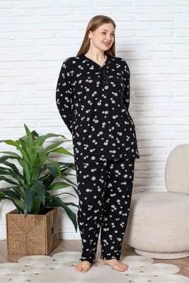 Bayan Büyük Beden Pijama Takımı - Siyah Papatya Desen Uzun Kol Likralı Viskon 2855UYB - 2