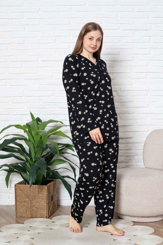 Bayan Büyük Beden Pijama Takımı - Siyah Papatya Desen Uzun Kol Likralı Viskon 2855UYB - 4