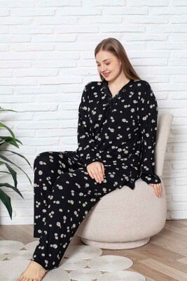 Bayan Büyük Beden Pijama Takımı - Siyah Papatya Desen Uzun Kol Likralı Viskon 2855UYB - 5
