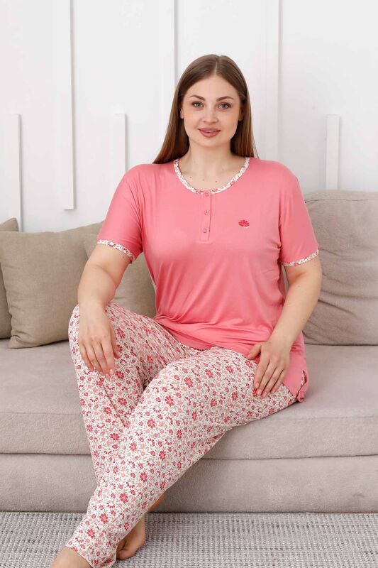 Büyük Beden Bayan Pijama Takımı - Somon Çiçek Desen Kısa Kol Likralı Viskon 2846KYB - 2