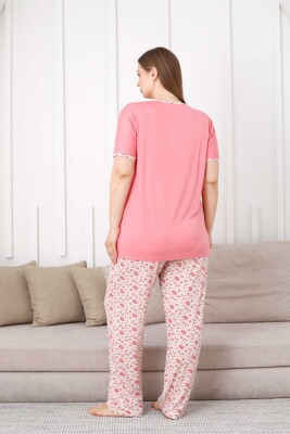 Büyük Beden Bayan Pijama Takımı - Somon Çiçek Desen Kısa Kol Likralı Viskon 2846KYB - 4