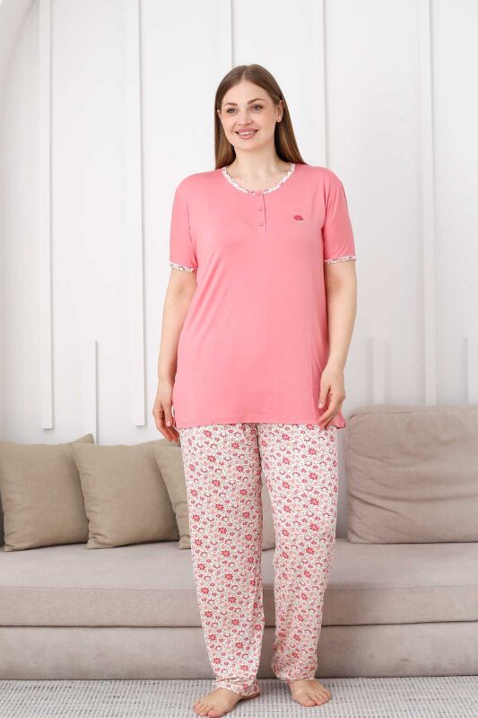 Büyük Beden Bayan Pijama Takımı - Somon Çiçek Desen Kısa Kol Likralı Viskon 2846KYB - 3