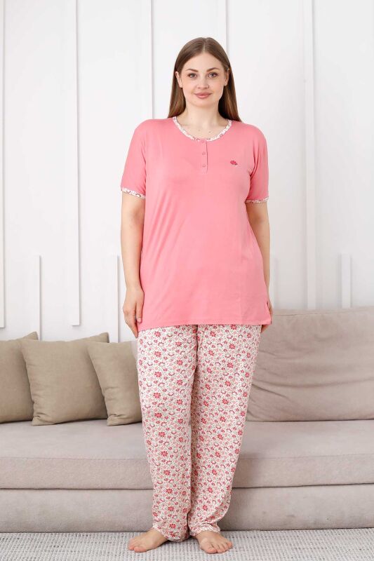 Büyük Beden Bayan Pijama Takımı - Somon Çiçek Desen Kısa Kol Likralı Viskon 2846KYB - 1