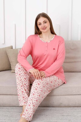Büyük Beden Bayan Pijama Takımı - Somon Çiçek Desen Uzun Kol Likralı Viskon 2846UYB - 2