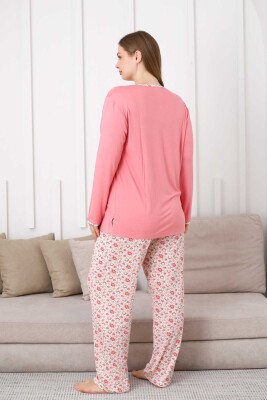 Büyük Beden Bayan Pijama Takımı - Somon Çiçek Desen Uzun Kol Likralı Viskon 2846UYB - 5