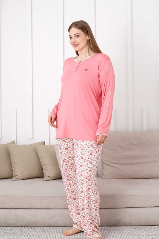 Büyük Beden Bayan Pijama Takımı - Somon Çiçek Desen Uzun Kol Likralı Viskon 2846UYB - 3