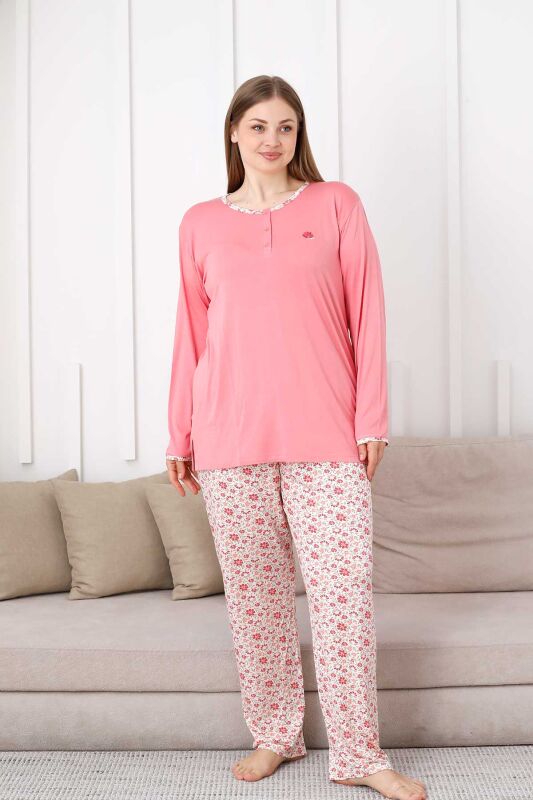 Büyük Beden Bayan Pijama Takımı - Somon Çiçek Desen Uzun Kol Likralı Viskon 2846UYB - 4