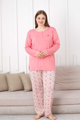 Büyük Beden Bayan Pijama Takımı - Somon Çiçek Desen Uzun Kol Likralı Viskon 2846UYB - 1
