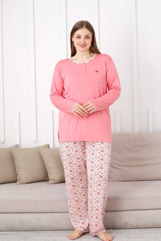 Büyük Beden Bayan Pijama Takımı - Somon Çiçek Desen Uzun Kol Likralı Viskon 2846UYB - 1