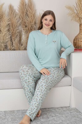 Büyük Beden Bayan Pijama Takımı - Su Yeşili Çiçek Desen Uzun Kol Likralı Viskon 2874UYB - 3