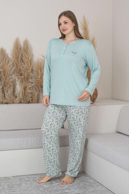 Büyük Beden Bayan Pijama Takımı - Su Yeşili Çiçek Desen Uzun Kol Likralı Viskon 2874UYB - 4
