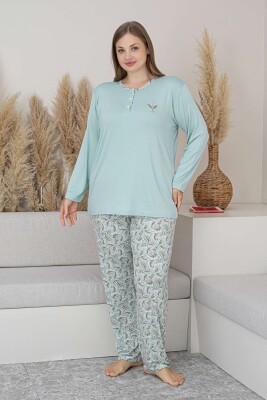 Büyük Beden Bayan Pijama Takımı - Su Yeşili Çiçek Desen Uzun Kol Likralı Viskon 2874UYB - 5