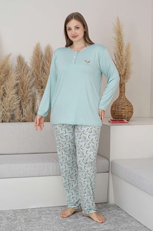 Büyük Beden Bayan Pijama Takımı - Su Yeşili Çiçek Desen Uzun Kol Likralı Viskon 2874UYB - 5