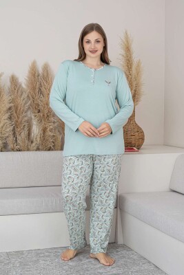 Büyük Beden Bayan Pijama Takımı - Su Yeşili Çiçek Desen Uzun Kol Likralı Viskon 2874UYB - 1
