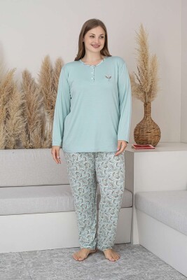 Büyük Beden Bayan Pijama Takımı - Su Yeşili Çiçek Desen Uzun Kol Likralı Viskon 2874UYB - 6