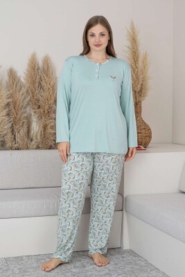 Büyük Beden Bayan Pijama Takımı - Su Yeşili Çiçek Desen Uzun Kol Likralı Viskon 2874UYB - 2
