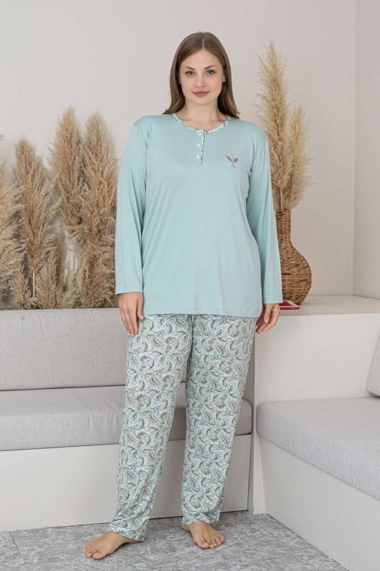 Büyük Beden Bayan Pijama Takımı - Su Yeşili Çiçek Desen Uzun Kol Likralı Viskon 2874UYB - 2