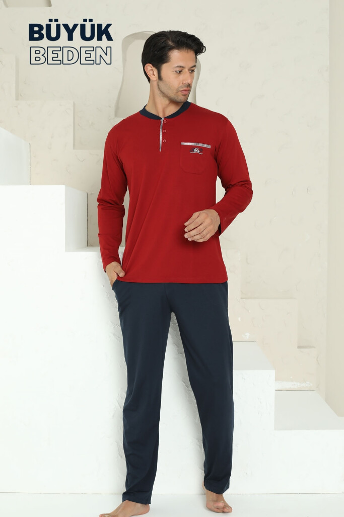 Büyük Beden Erkek Pijama Takımı - Bordo Arma Nakışlı Likralı Penye 1194UYB - 1