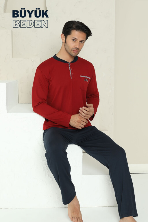 Büyük Beden Erkek Pijama Takımı - Bordo Arma Nakışlı Likralı Penye 1194UYB - Alimer (1)