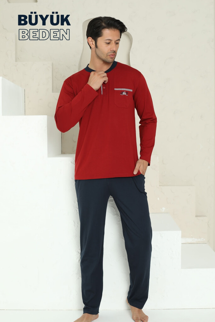 Büyük Beden Erkek Pijama Takımı - Bordo Arma Nakışlı Likralı Penye 1194UYB - 3