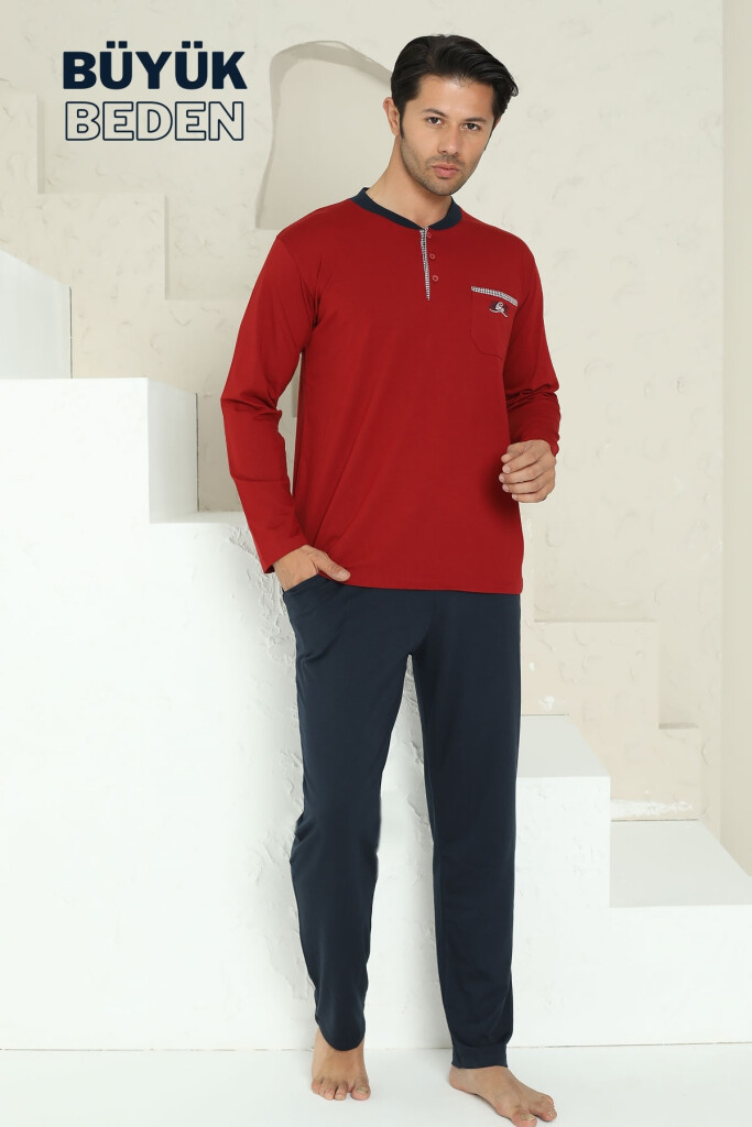 Büyük Beden Erkek Pijama Takımı - Bordo Arma Nakışlı Likralı Penye 1194UYB - 4