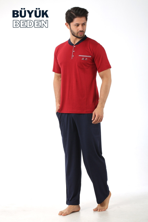 Büyük Beden Erkek Pijama Takımı - Bordo Arma Nakışlı Likralı Penye 1194KYB - Alimer