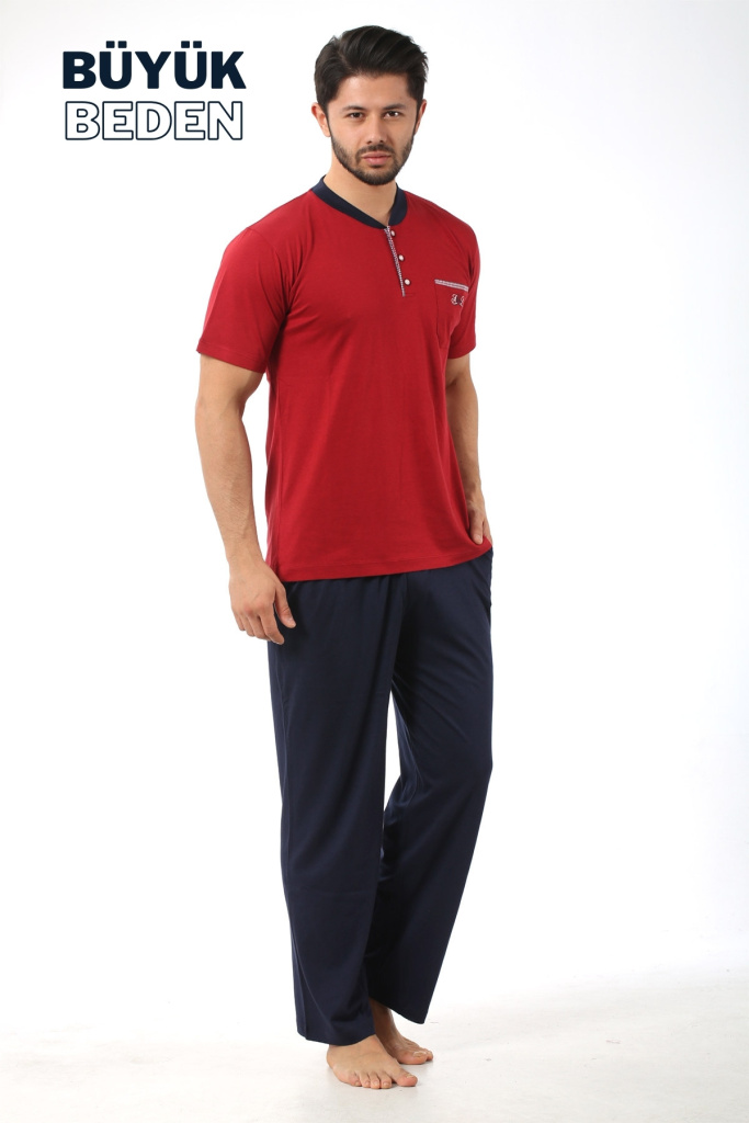 Büyük Beden Erkek Pijama Takımı - Bordo Arma Nakışlı Likralı Penye 1194KYB - 2