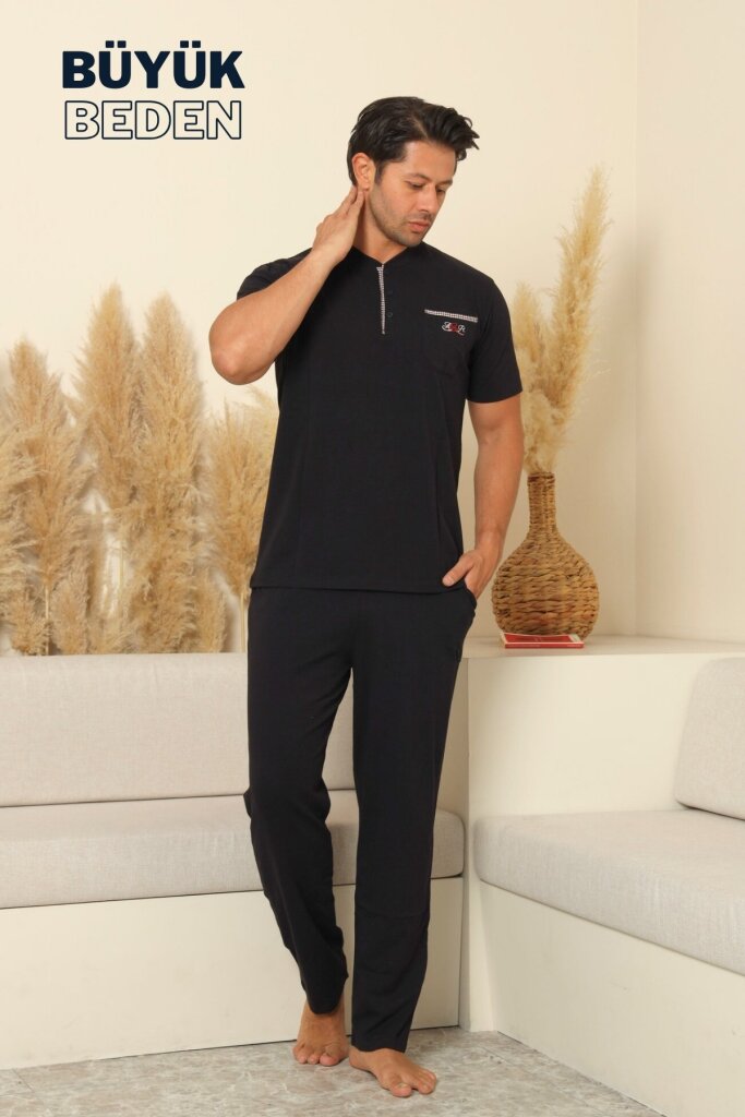 Büyük Beden Erkek Pijama Takımı - Siyah Arma Nakışlı Likralı Penye 1194KYB - 2