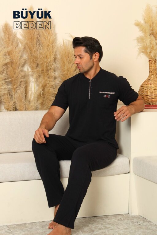 Büyük Beden Erkek Pijama Takımı - Siyah Arma Nakışlı Likralı Penye 1194KYB - 4