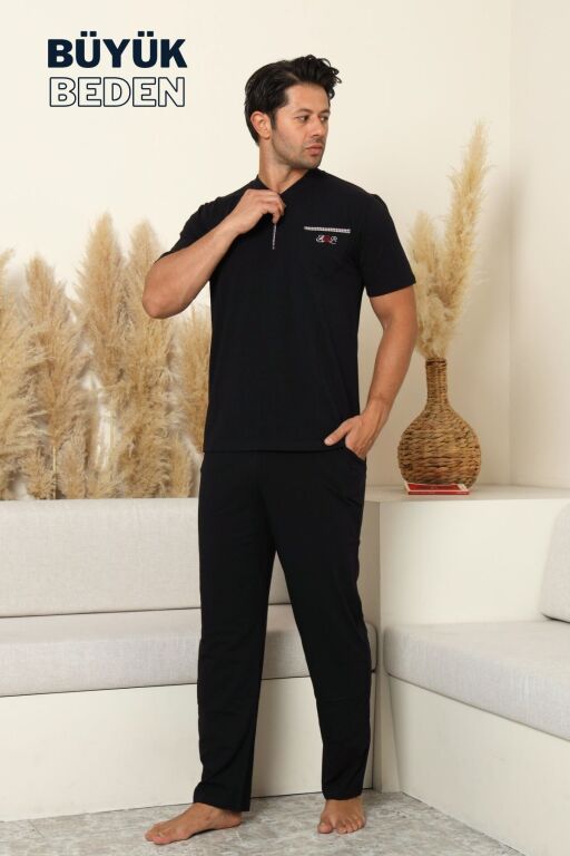 Büyük Beden Erkek Pijama Takımı - Siyah Arma Nakışlı Likralı Penye 1194KYB - 3